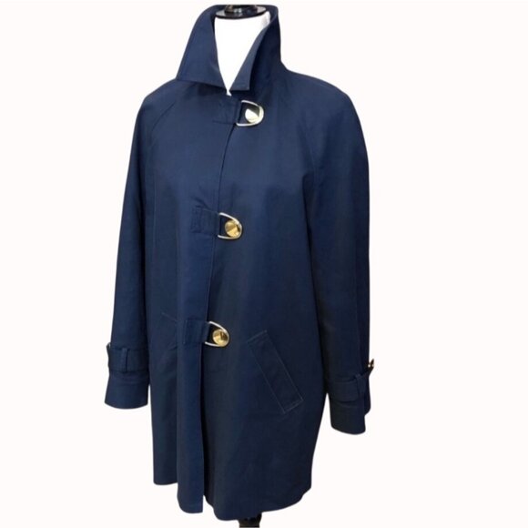 Jones New York Swing Trench Pea Coat Size L Stretch Retro Style Gold Tone Buckle - Picture 4 of 16